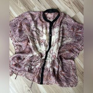 Zara Woman 100% Silk Top Blouse NWT Paisley Pink Ivory Black Cinch Waist